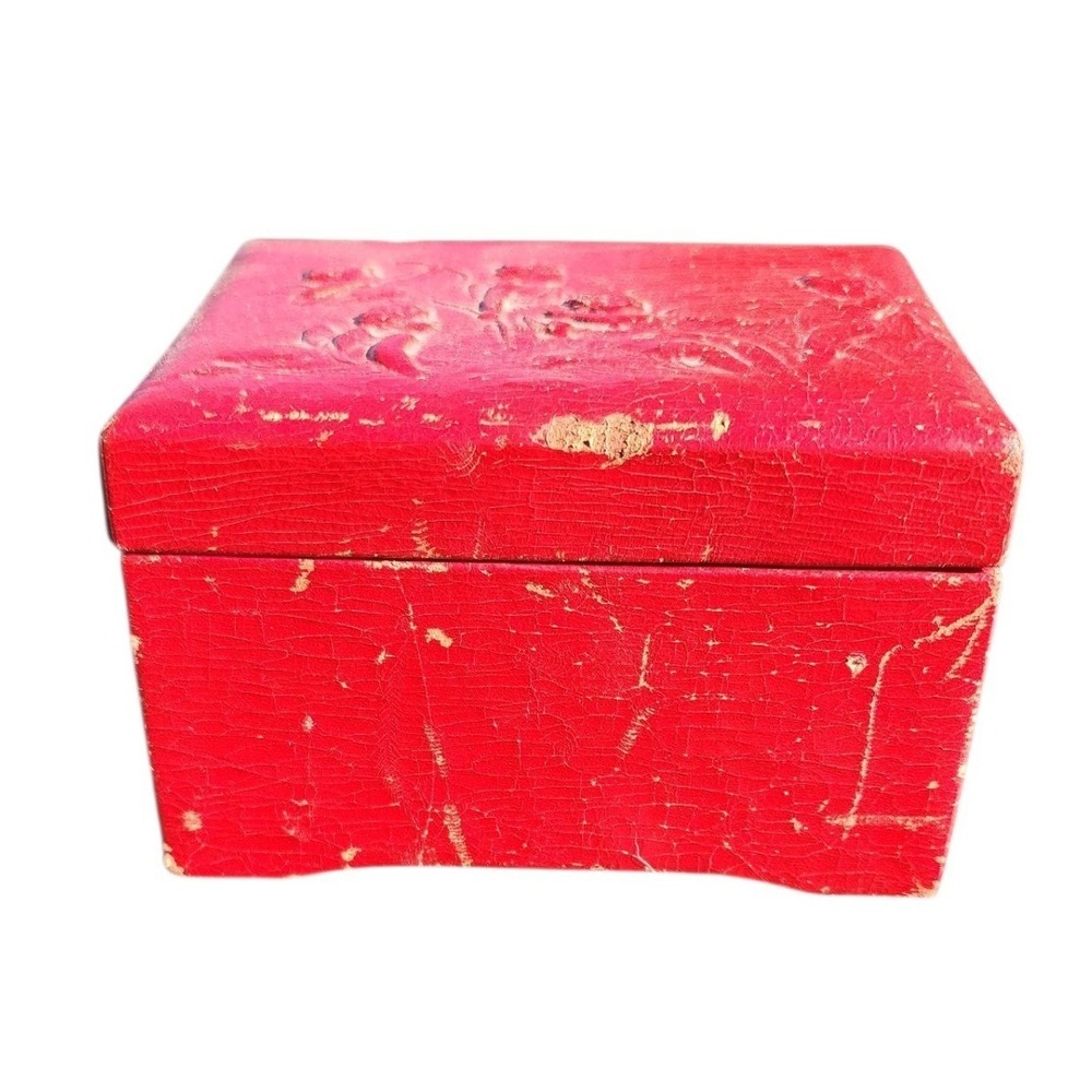 Vintage Lucky Day Swiss Music Box Red Cherub Relief Easter Parade Wood Jewelry
